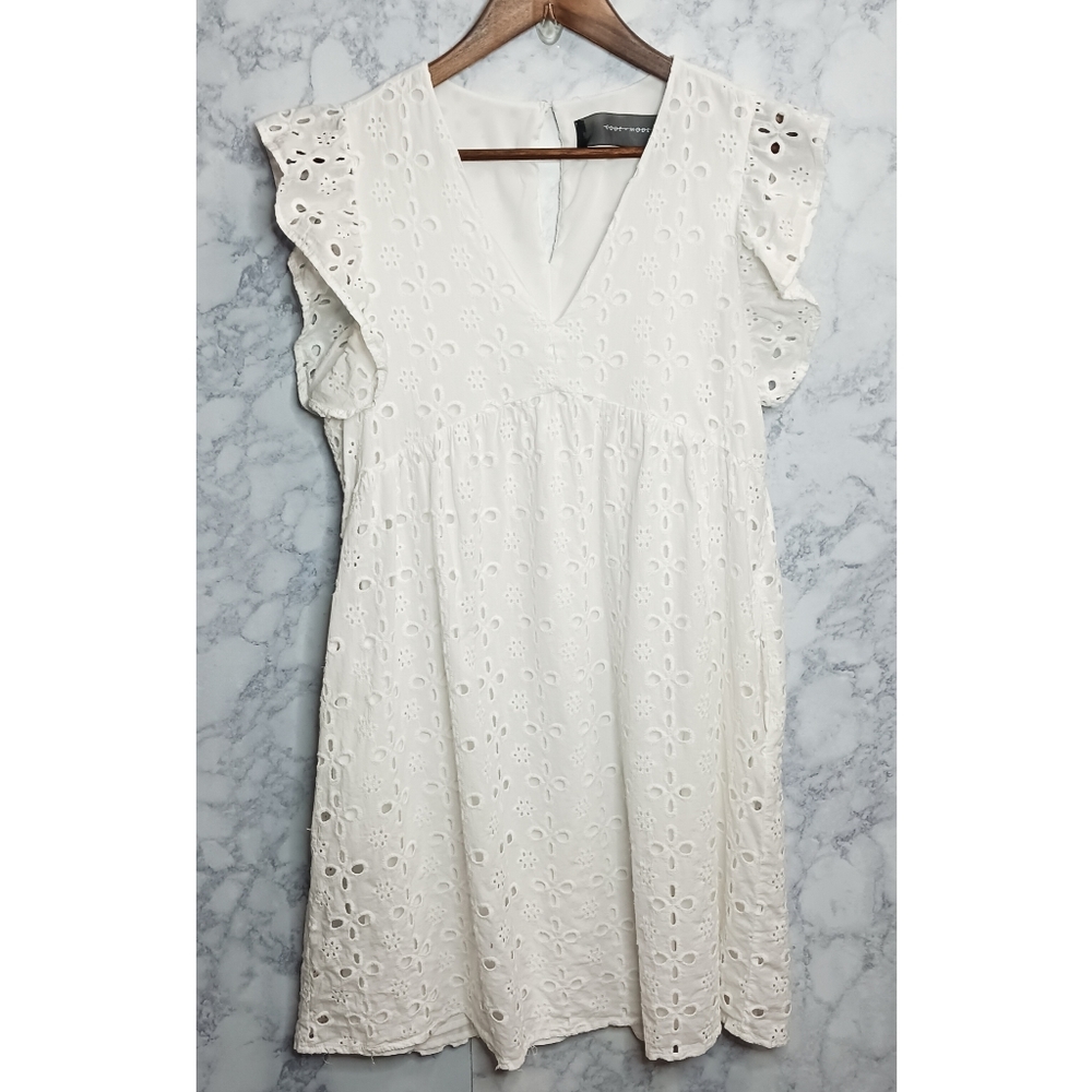 Code x Mode Mini Dress Women Size L White V-Neck Ruffle Eyelet Embroidery Spring
